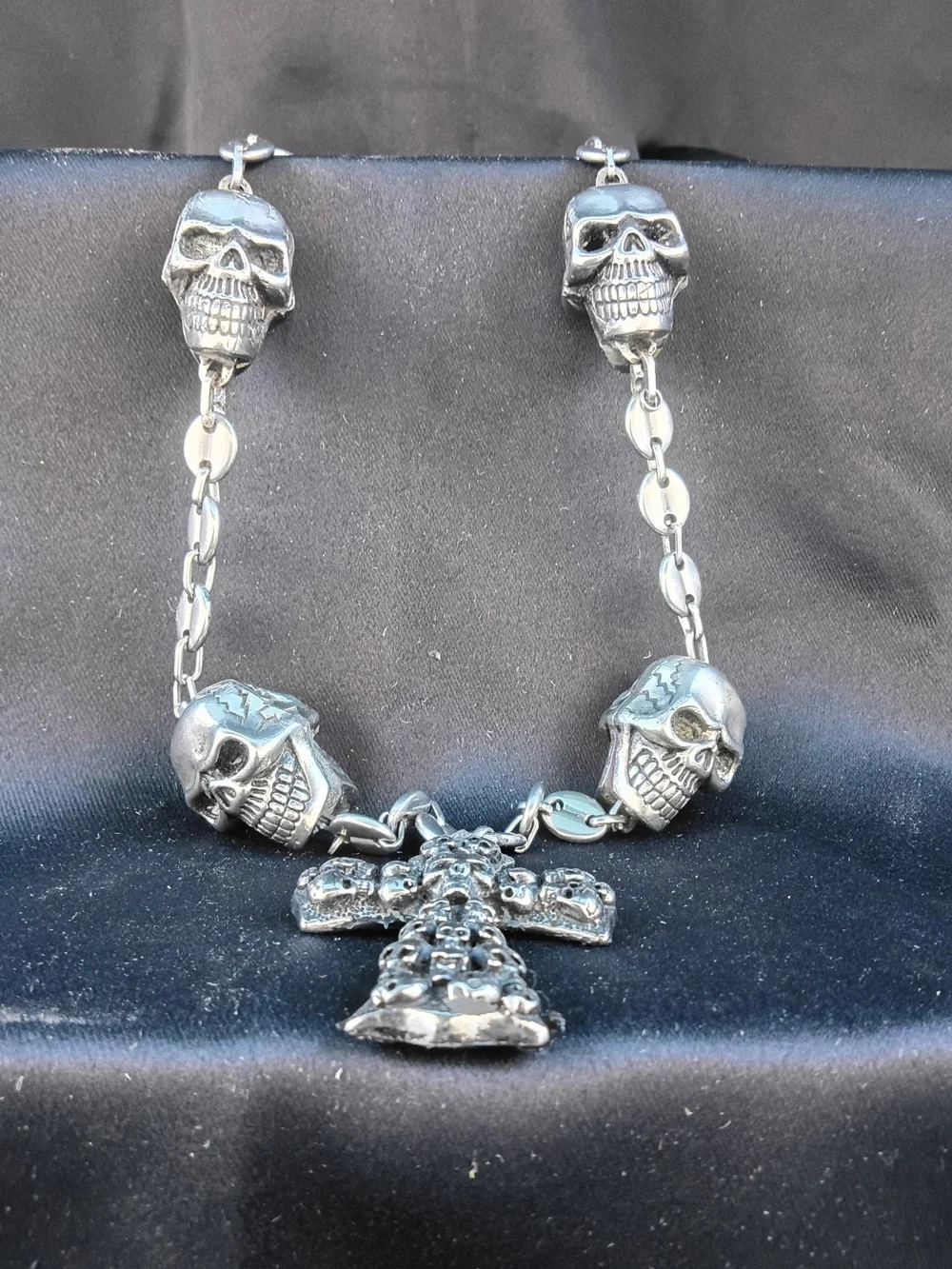 Men's Skull Link Cross Necklace - Silver Tone
